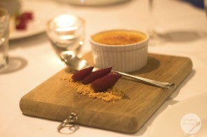 crema catalana, red wine poached pears & almond praline crema catalana, red wine poached pears & almond praline